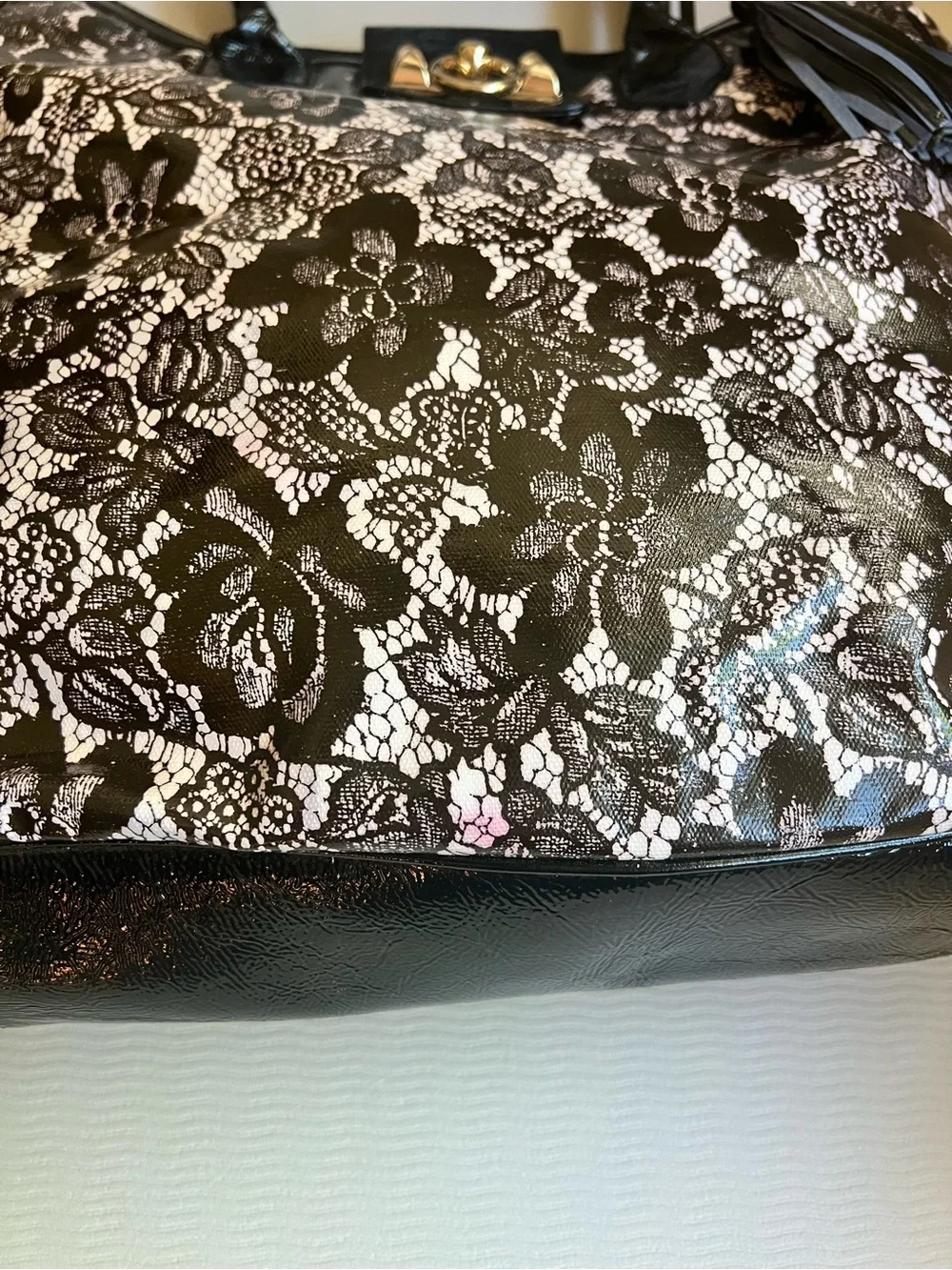 Betsey Johnson Black White Lace Print Tote Bag Gold Lock Tassel Horseshoe Charm